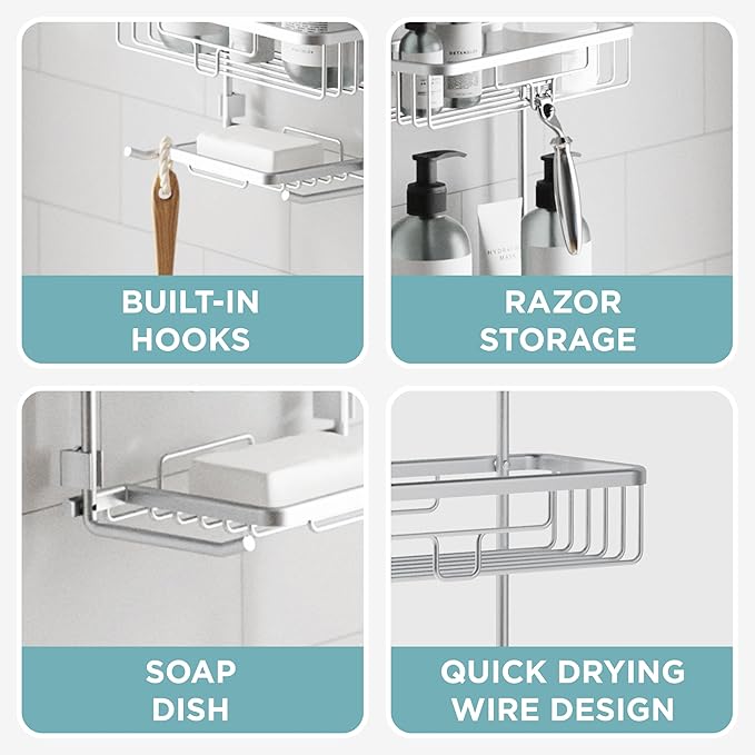 Zenna Home Rustproof Hanging Shower Caddy, Over the Shower Head Caddy with 2 Shelves and Built In Hooks, Aluminum Bathroom Hanging Organizer, Satin Chrome