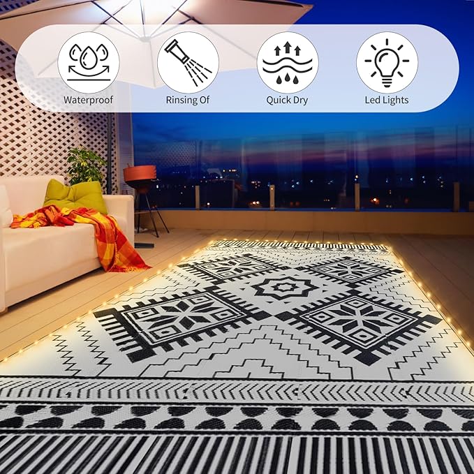 6x9ft Waterproof Outdoor Rug with LED Lights, Boho Reversible Plastic Straw Mat for Patio RV Camping Picnic Balcony Beach Deck Indoor Outdoor Carpet, Black&White