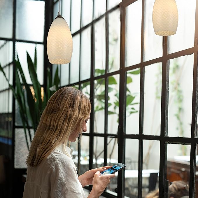 Pendant Lighting, Modern White Fishline Handblown Glass, Oval Art Shade Hanging Light, Brushed Nickel Hardware for Kitchen, Dining Room, Foyer Decor 4.7" Shade (1 Pack)
