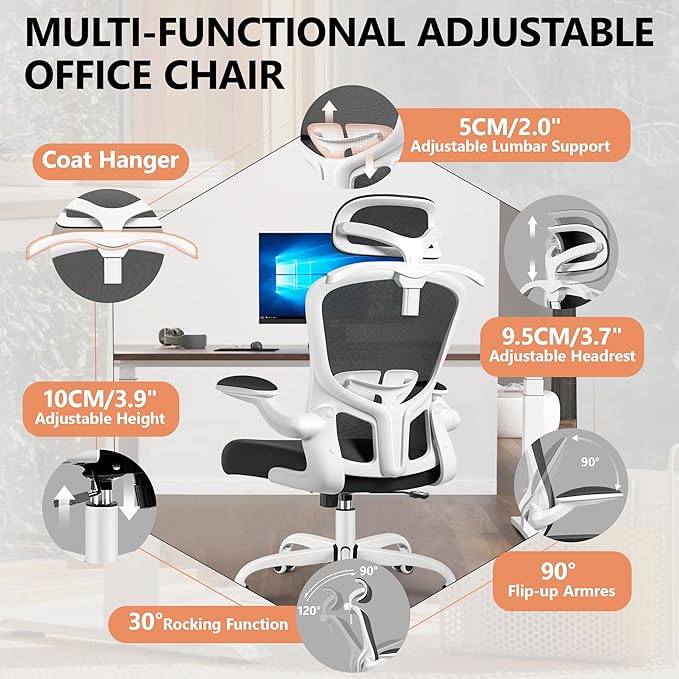 FelixKing Office Chair with Headrest, Ergonomic Desk Chair with Wheels, Task Swivel Comfy Chair with Adjustable Lumbar Support, Breathable Mesh Computer Chair with flip-up Armrests for Home (White)