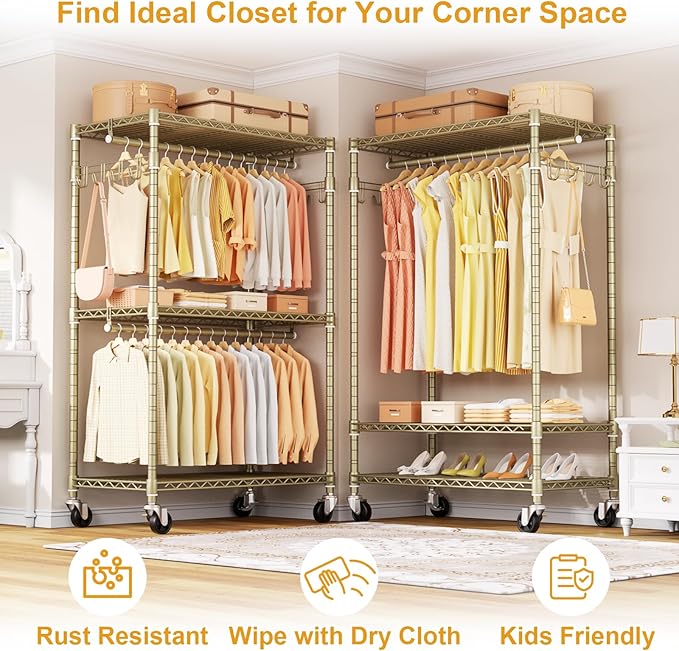 P1 Rolling Clothes Rack, Portable Wardrobe Closet with Wheels, Heavy-Duty Closet Clothing Rack for Hanging Clothes, 35.5" W x 15.7" D x 80.5" H, Hold 500lbs, Gold