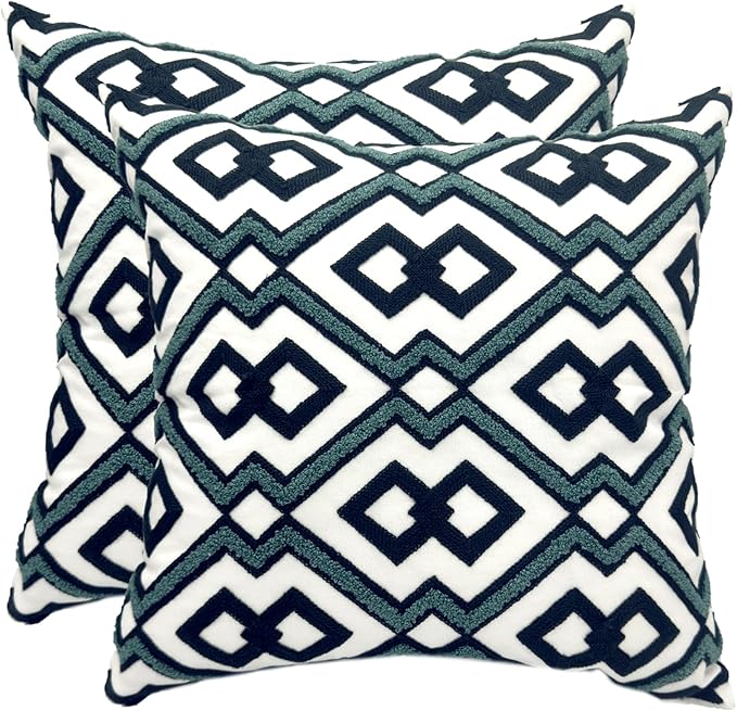 Alysheer Embroidered Decorative Throw Pillow Cover 18"x 18" Set of 2, Classic Boho Geometric Embroidery Pattern Cotton Square Cushion Case for Sofa Couch Living Room Bedroom (Navy Aqua)