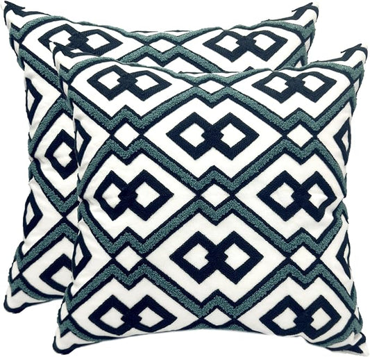 Alysheer Embroidered Decorative Throw Pillow Cover 18"x 18" Set of 2, Classic Boho Geometric Embroidery Pattern Cotton Square Cushion Case for Sofa Couch Living Room Bedroom (Navy Aqua)