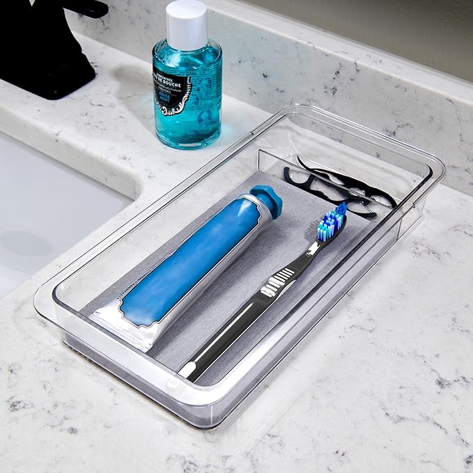 madesmart Dental Tray Drawer Organizer with Drying Stone, Clear Plastic Drawer Organizer for Toothbrush, Dental Floss, Water Flossers, Toothpaste