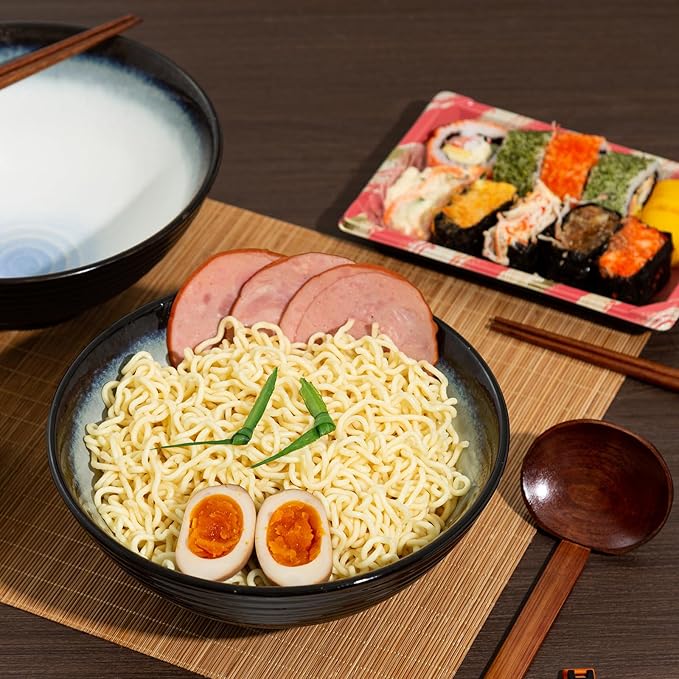 8 Inch Ceramic Ramen Bowl Set of 2, 40oz Japanese Bowls with Spoons & Chopsticks,Durable,Microwave & Dishwasher Safe,Perfect for Ramen,Pho,Salad,Soup,Noodles，Mixing bowls（Midnight）