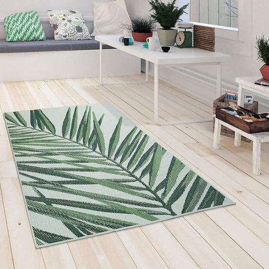 Outdoor Rug Green Beige with Palm Leaf Pattern for Patio Terrace Flat Weave, Size: 6'7" x 9'6"