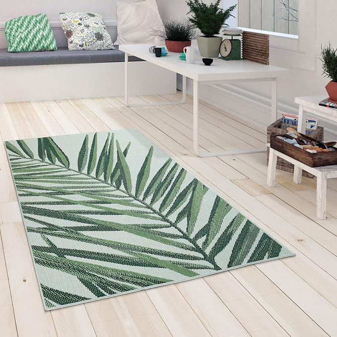 Outdoor Rug Green Beige with Palm Leaf Pattern for Patio Terrace Flat Weave, Size: 4'7" x 6'7"