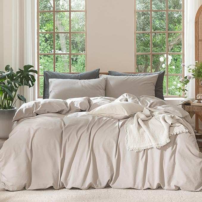 MooMee Bedding Duvet Cover Set 100% Washed Cotton Linen Like Textured Breathable Durable Soft Comfy (Solid Light Tan, Twin 68"x90")