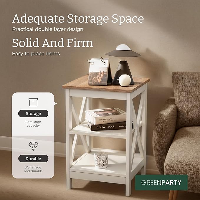 GREEN PARTY End Tables Living Room Set of 2,Side Tables with 3-Tier Storage Shelf, Small Nightstand for Bedroom, Wooden Frame,Small Coffee Table,White