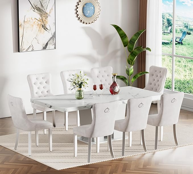 9-Piece Extendable Dining Table Set for 6-8 People 63-78 Inch Kitchen Table Set with 8 Beige Upholstered Chairs Modern White Faux Marble Rectangular Dining Room Table Set for Kitchen Apartment