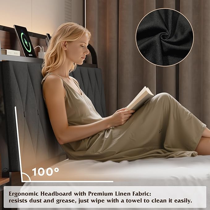 WLIVE King Size Upholstered Bed Frame with 2 Side Shelves, Linen Tufted Storage Headboard with Charging Ports and LED Light, Metal Solid and Stable, No Box Spring Needed, Easy Assembly, Brown