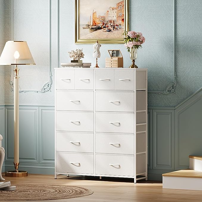 WLIVE Storage Organizer Unit with 12 Fabric Bins, Storage Drawers Organizer with Steel Frame, Tall Storage Tower Organizaton for Living Room, Hallway, Office, White