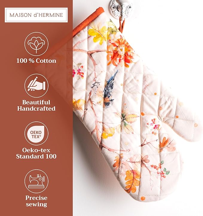 Maison d' Hermine Oven Gloves 100% Cotton Oven Mitt 7" x 13" with Loop Heat Resistant BBQ Cooking Gloves for Thanksgiving Christmas Decorations Baking Handling Hot Pans (Pack of 1, Kelim - Prairie)