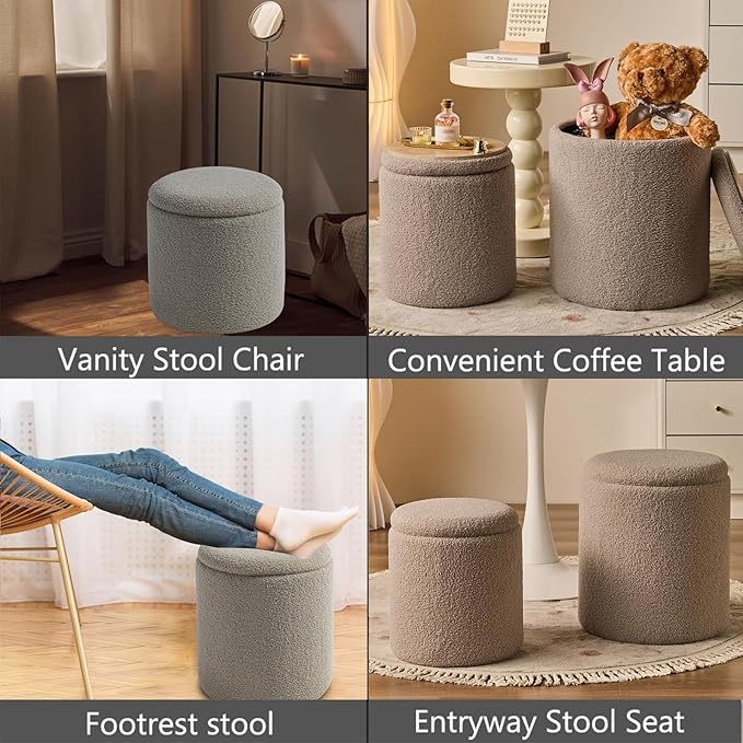 Round Ottoman with Storage Set of 2-Upholstered Sherpa Vanity Stool for MakeupMultifunctional Ottomans Coffee Table Padded Seat Foot Rest for LivingRoom&Bedroom(Sherpa Gray)