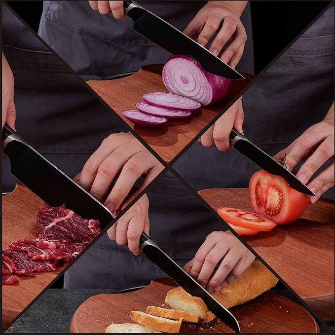 Kitchen Knife Set, 7 Pieces German Stainless Steel Knives Set for Kitchen with Acacia Wood Block, Kitchen Scissors, Box Packed, Elegant Black