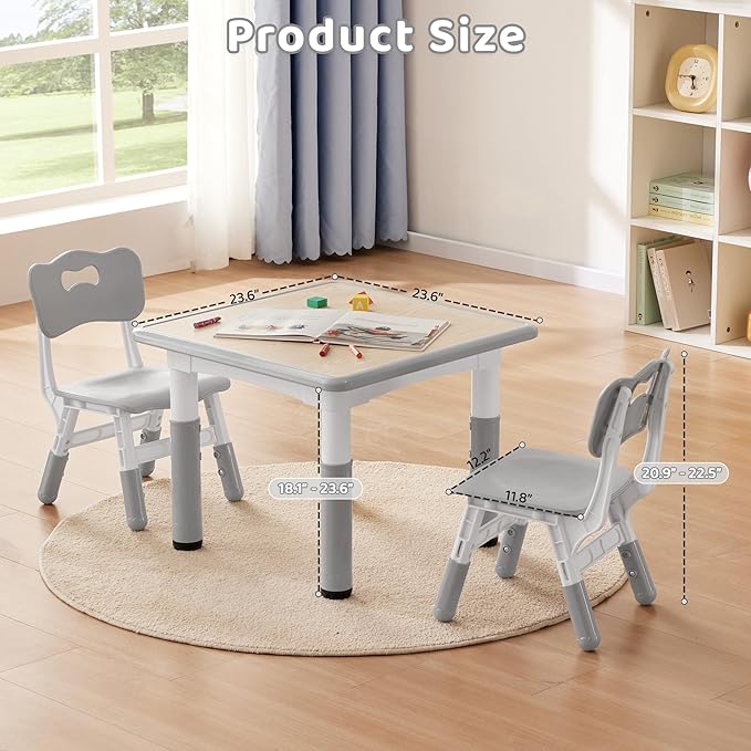 Adjustable Kids Table Chairs Set – Graffiti Desktop, Multi-Activity Height-Adjustable Toddler Study Desk for Ages 3-8 – Ideal for Home, Classroom, Daycare (W-Gray, 2 Chairs-23.6" L x 23.6" W)