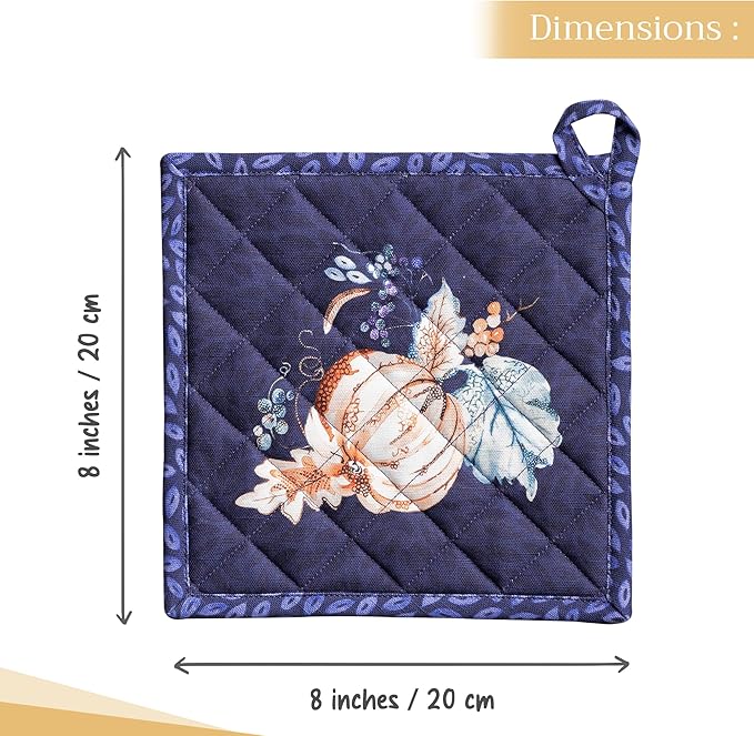 Maison d' Hermine Pot Holders Set 100% Cotton Heat Resistant Potholders 8" x 8" Hot Pads with Loop for Thanksgiving Christmas Decorations BBQ Baking Handling Hot Pans (Pack of 2, Pumpkin Blues)