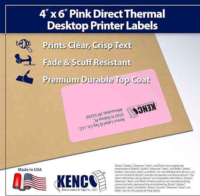 4" X 6" Direct Thermal Perforated Stickers Labels for Shipping Labels, Inventory, and Color Coding - Compatible with Zebra, Rollo, Godex and More (Pink, 48 Rolls)