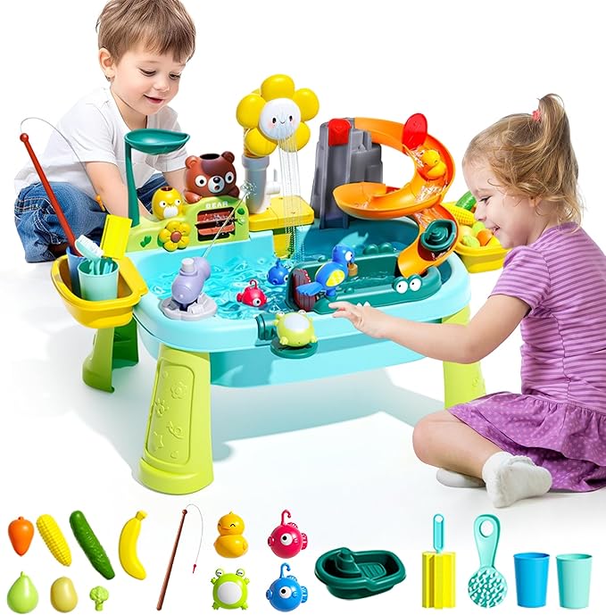 2026 Water Table for Kids Ages 3+ with Pump, Sensory Tables with Play Vegetables, Tableware & Fishing Game, Outdoor Toy Summer Beach for Kids Boys Girls Age 3+
