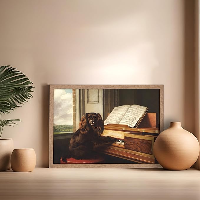 Poster Master Vintage Portrait of an Extraordinary Musical Dog Poster - Retro Dog Print - Puppy Art - Music Art - Piano Art - Animal Lover Art - Living Room or Office Decor, 16x20 Beige Framed