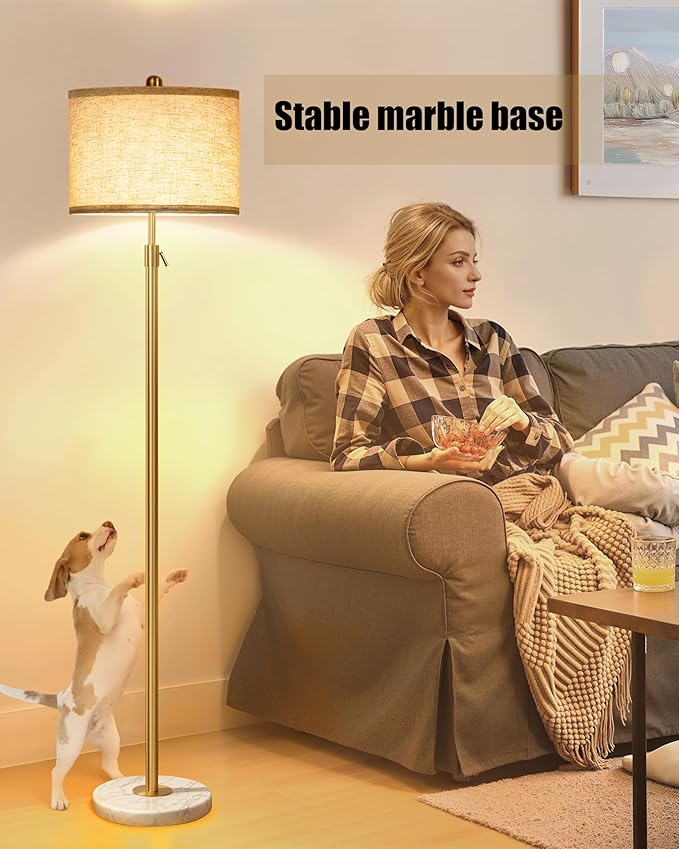Modern Floor Lamp for Living Room - Adjustable Height Standing Lamp with Marble Base & Linen Shade, 3-Way Dimmable Tall Floor Light for Bedroom, Reading, Bulb Included