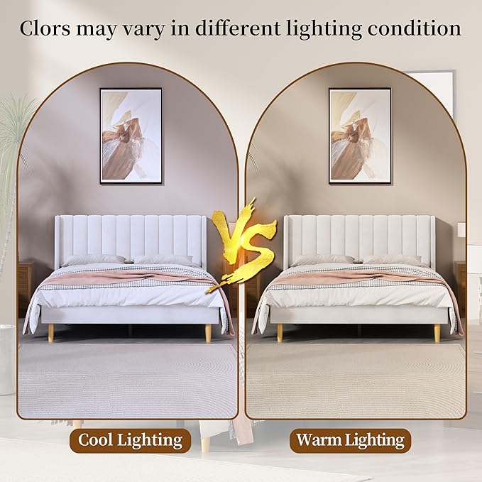 Queen Size Upholstered Platform Bed Frame with Modern Wingback & Vertical Panel Headboard, Velvet Fabric, Wooden Legs & Slats Support, No Box Spring Needed, Noise-Free & Easy Assembly, Cream