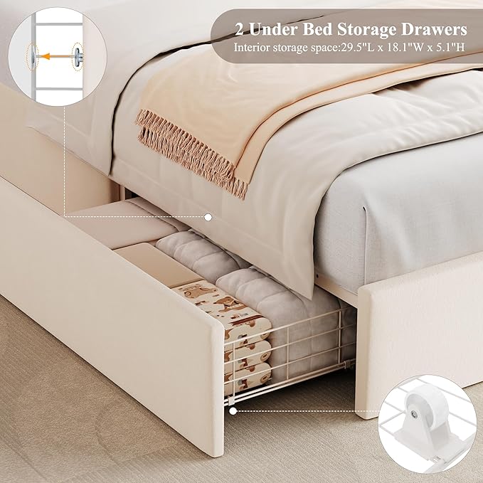 HOSTACK Twin LED Bed Frame with Storage Headboard and Charging Station, Kids Bed Frame with 2 Drawers and USB Ports, Velvet Upholstered Platform Bed Frame with Bookcase, No Box Spring Needed, Cream
