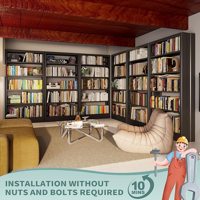 71" Metal Book Shelf, 5 Tier Bookshelf with Adjustable Shelves, Bookshleves and Bookcases, Heavy Duty Library Book Case, Expandable Combination Bookshelf (Black, 108.3" W)