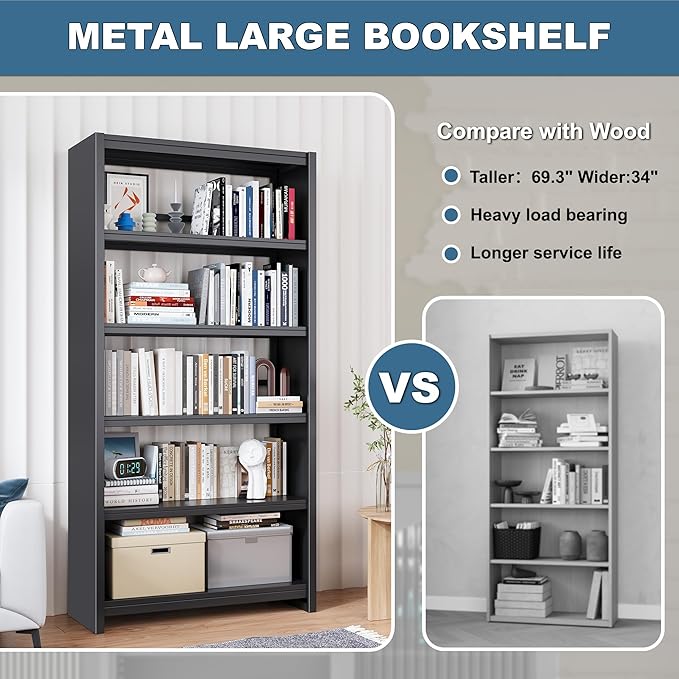 Bookshelf,5 Tier Bookshelves,69" Tall Metal White Bookcase,Install Simple Bookshelves for Bedroom, Living Room,Home Office/Library (Black)