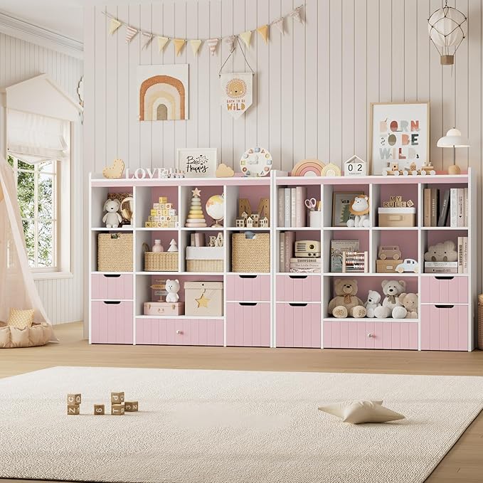 HORSTORS 48" W Kids Toy Storage Organizer, Large Toy Storage Chest with Removable Bins, 46" H Kids Bookshelf and Bookcase with Drawers for Boys and Girls, Modern Toy Box for Playroom, Classroom, Pink