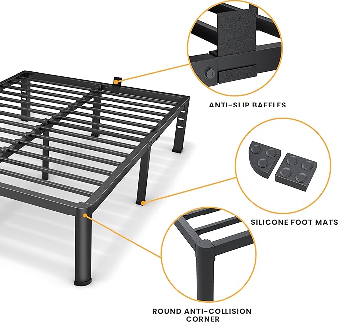 16 Inch Queen Size Metal Platform Bed Frame with Round Corners, Storage Space Under High Bed Frame-Heavy Duty Steel Slats Support, Noise Free - Easy Assembly - No Box Spring Needed