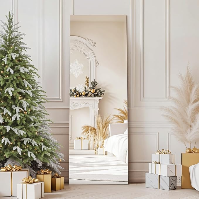 56x18 Frameless Full Length Silver Coating Mirror w/Distortion Free, HD Reflection &Anti Desilvering, Tempered Glass & Shatter Proof Film Doubling Safety, Easy Setup w/Stand, Wall/Standing