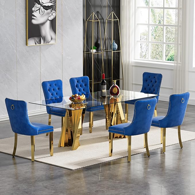 7 Piece Dining Table Set with 6 Blue Dining Chairs, Modern Glass Kitchen Table and Chairs Set for 6, 70" Rectangle Gold Glass Pedestal Dining Room Tables with Flash-Shape Stainless Steel Base