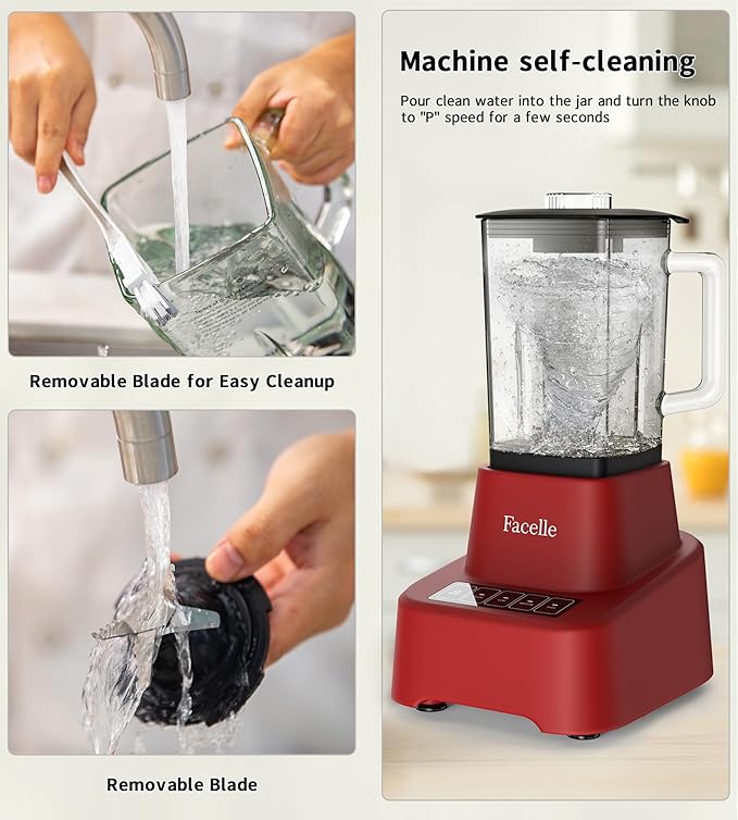 Red Smoothie Blender, Facelle Countertop Blender for Kitchen, 55 oz Glass blender for smoothies and Shakes, Licuadora, Smoothie maker with touchscreen 3+P Speeds, Cleaning brush ＆ removable SS blade