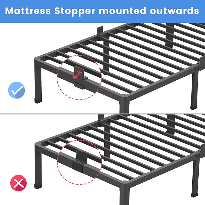 MAF 16 Inch Queen Bed Frames with Round Corner Legs Mattress Slide Stopper No Box Spring Needed Heavy Duty Metal Platform Bed Frame Under-Bed Storage Space, 3000 LBS Steel Slats Support