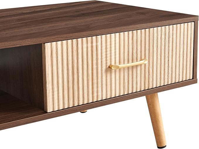 Mid Century Wooden Coffee Table with Stripe Drawer，Modern 41" Large Center Table with Storage，Rectangular Walnut Wood Coffee Tables for Living Room, 2-Tier Cocktail Table, Solid Wood Legs