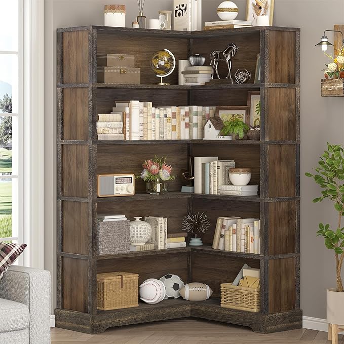 TVU Wood Corner Book Shelf, 5 Tier 65 Inch Tall Bookshelf with Storage, Floor Standing Display Book Shelf for Living Room, Kitchen, Home Office, Rustic Brown