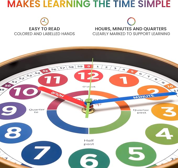 Oyster&Pop Learning Clock for Kids - Silent Telling The Time Teaching Clocks - Non-Ticking Kids Clocks for Bedrooms - Classroom Clocks for Teaching Time - Kids Learn to Tell Time Easily