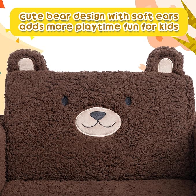ALIMORDEN Fold Out Toddler Couch, Comfy 2-in-1 Cuddly Sherpa Bear Chair for Kids, Convertible Sofa to Lounger, Kids Cozy Corner Play Couch for Boys and Girls, Chocolate
