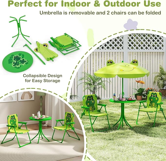 Costzon Kids Picnic Table, Kids Outdoor Table with 2 Folding Chairs, Height Adjustable Umbrella, Portable Children Outdoor Furniture for Patio, Garden, Backyard (Light Green)