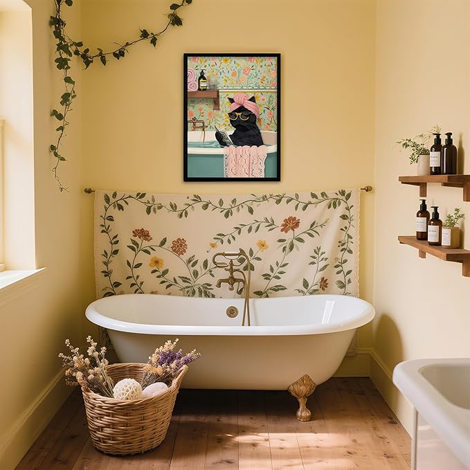 Framed Vintage Cat Canvas Wall Art, Funny Pink Animal Reading Books Painting Picture Print, Cute Kitten Lovers Aesthetic Wall Decor for Nursery Girls Room Bedroom Kids Room 24''L x 16''W