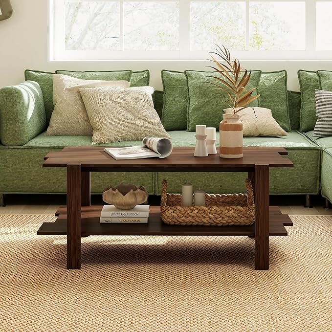 GOFLAME Wood Coffee Table with Storage, 2-Tier Irregular Center Table with Open Storage Shelf, Modern Accent Tea Table for Living Room, Home Office, Reception Room (Walnut)