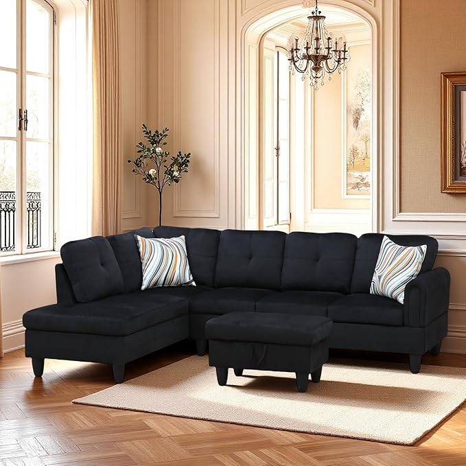 L-Shaped Sectional Sofa with Movable Chaise & Storage Ottoman, Lounge 3-Piece Modular Convertible Couches for Living Room, Apartment & Office, Black