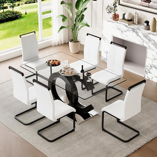 63'' Glass Dining Table Set for 6, Kitchen Table Chairs Set of 6, Clear Glass Dining Table with Black unique design Leg and Silver Metal Base, 6 PU Dining Chairs with Metal Legs, Living Room, Kitchen.