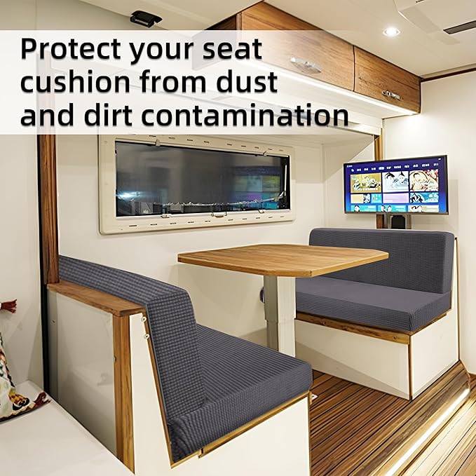 Rv Dinette Cushion Covers,Jacquard Stretchable Camper Cushion Cover,RV Cushion Slipcover,Rv Couch Cover Replacement for RV Camper Car Bench,2 Backrest Covers and 2 Bench Covers (Checkered,Grey)