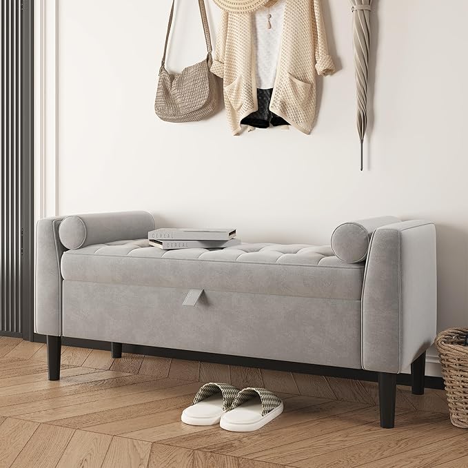 46.5" Storage Ottoman Bench – Upholstered End-of-Bed Storage Chest with Rolled Armrests & Wood Legs, Entryway Shoe Bench and Footrest Seat for Hallway, Bedroom & Living Room& Walk-in Closet (Gray)