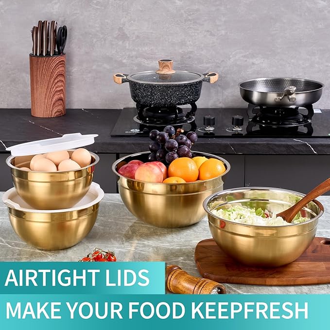MEADLY Gold Mixing Salad Bowls With Lids Set of 4, Stainless Steel Nesting Bowl with white Lid,Dishwasher Safe,Home kitchen Mixing Prepping Storing Serving,size of 5.5,3.6,2.1,1.5,Qt