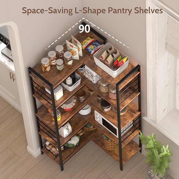 5 Tier Corner Bookshelf, Reversible Corner Shelf, Industrial Wooden Display Book Shelf Stand, L-Shaped Etagere Bookcase with Storage Shelves and Metal Frame for Living Room, Bedroom, Home Office