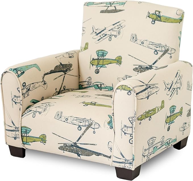 Kid Rocking Chair for Toddlers, Child Chair for Little Kids, Upholstered Toddler Armchair for Children, Comfy and Cute Little Kid Chairs (Legs, Airplanes Print)
