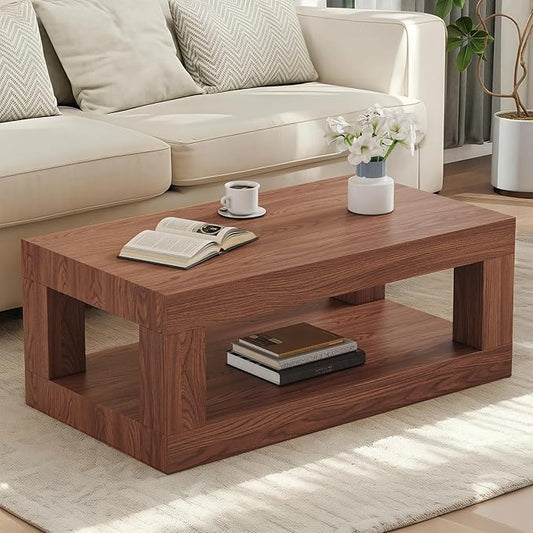 39.37" Coffee Table with Storage, 2-Tier Mid Century Rectangular Accent Table with Thick Tabletop, Rustic Style Cocktail, Center Table for Living Room, Office, Apartment (Walnut)